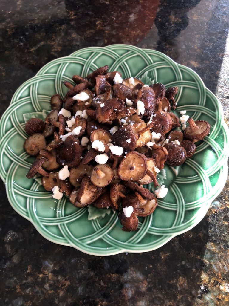 Crispy Roasted Shiitake Mushrooms Topped with Goat Cheese