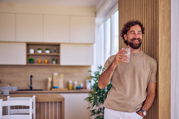 Health conscious man holding a glass of hydrogen wrich water in a modern kitchen